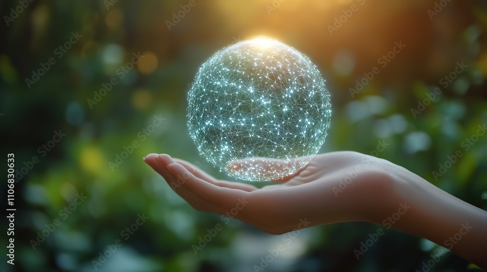 Poster a hand holding an abstract sphere made of lines and dots, symbolizing global connectivity with a sof