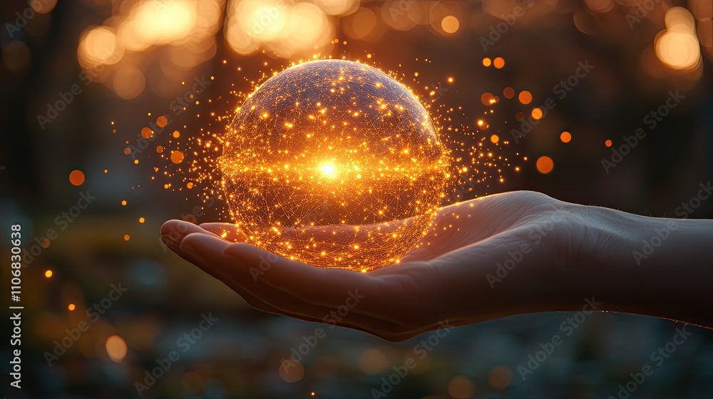 Poster a hand holding an abstract sphere made of lines and dots, symbolizing global connectivity with a sof