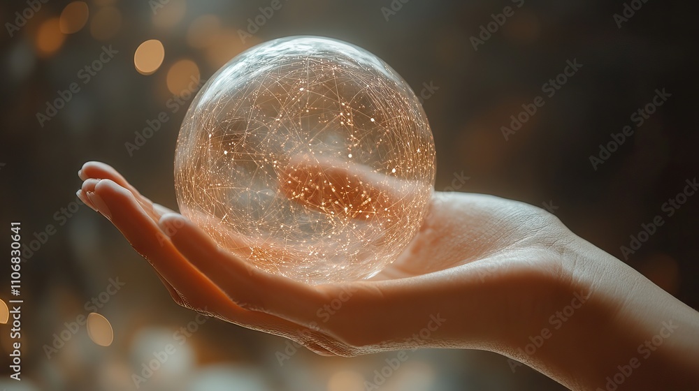 Poster a hand holding an abstract sphere made of lines and dots, symbolizing global connectivity with a sof