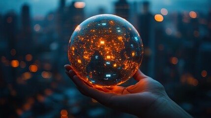 A hand holds a globe featuring social media and people icons against a blurred cityscape, symbolizing digital marketing for global business technology