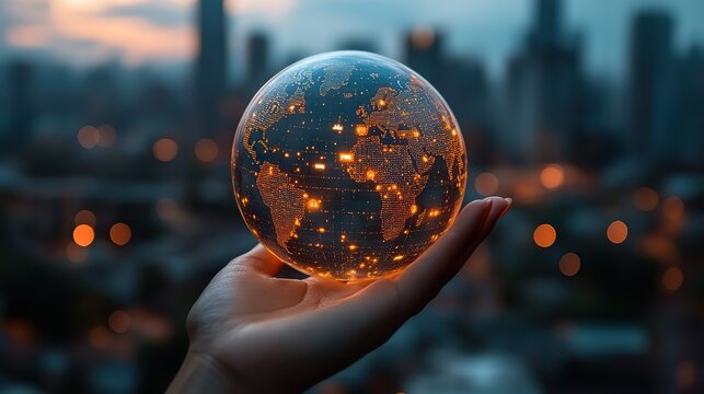 A hand holds a globe featuring social media and people icons against a blurred cityscape, symbolizing digital marketing for global business technology - Powered by Adobe