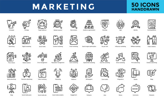Marketing icon set with campaign, strategy, target audience, market research, data analysis, audience segmentation, branding, logo, identity, brand guidelines icon. Simple handdrawn vector 

