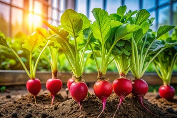 Closeup of Radish Roots in a Greenhouse: A Documentary Photography Perspective on Urban Agriculture and Sustainable Practices in Vegetable Cultivation