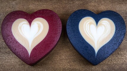 Fototapeta premium Romantic Latte Art Heart Shapes on Wooden Coasters Valentines Day