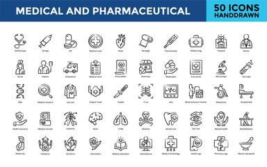 Medical and Pharmaceutical icon set with stethoscope, syringe, pill, medical cross, heart, bandage, thermometer, medical bag, hospital, doctor icon. Simple handdrawn vector 
