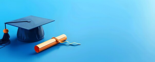 Graduation cap and diploma on blue background