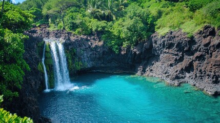 Fototapeta premium Stunning Maui waterfall nestled in a tropical paradise, with clear blue waters