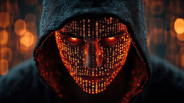 A hooded hacker silhouette is set against computer code with binary numbers