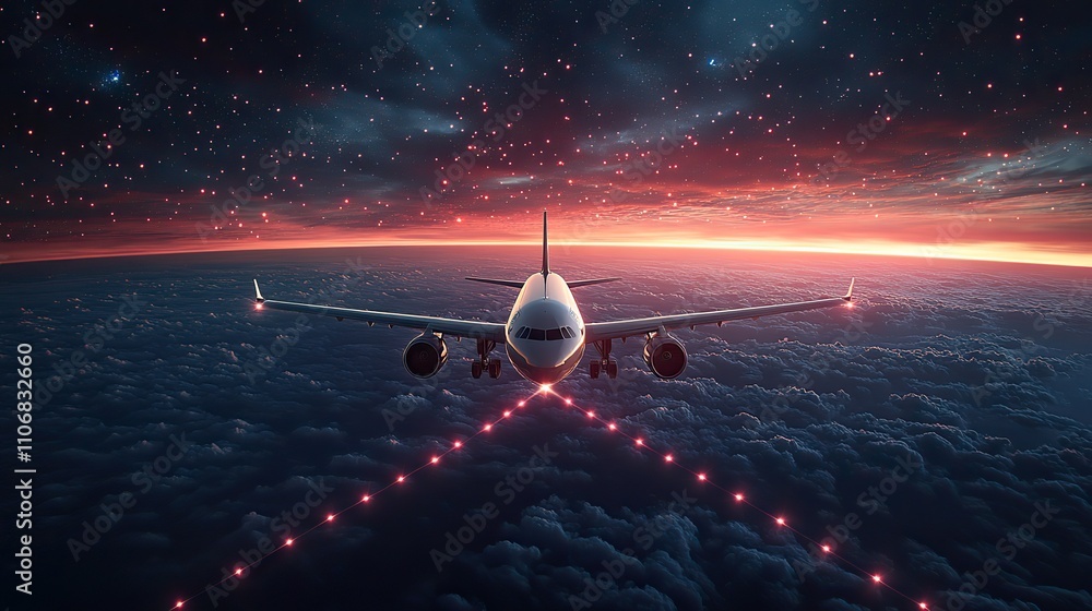 Poster a illustrates an airplane flight path with a dashed line tracing the route through the air