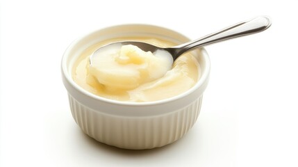 A small white bowl filled with creamy substance and a spoon resting inside.