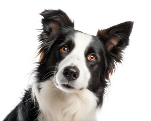 Fototapeta premium Black and white border collie portrait looking at camera isolated on white background. Border collie headshot on white