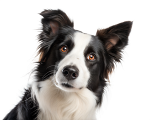 Black and white border collie portrait looking at camera isolated on white background. Border collie headshot on white