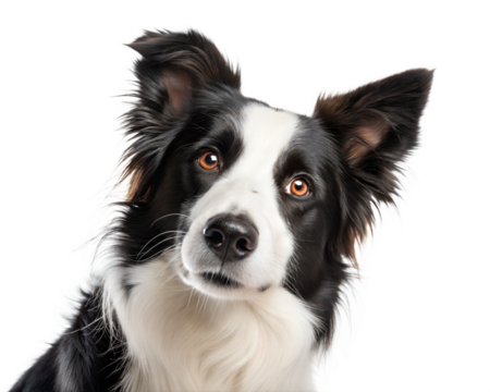 Black and white border collie portrait looking at camera isolated on white background. Border collie headshot on white