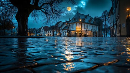 The moon reflecting off wet cobblestone streets in a quiet town square at night