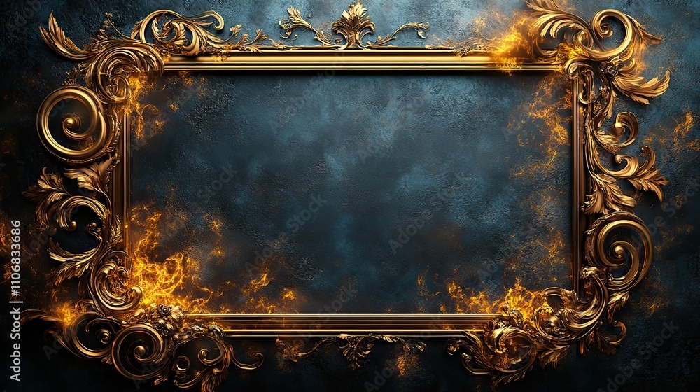Poster a large gold rectangular frame is placed on the right side of an empty black background, with elegan