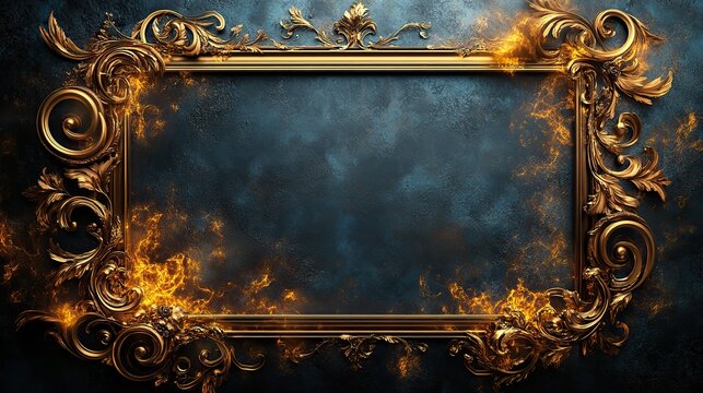A large gold rectangular frame is placed on the right side of an empty black background, with elegant swirls surrounding it