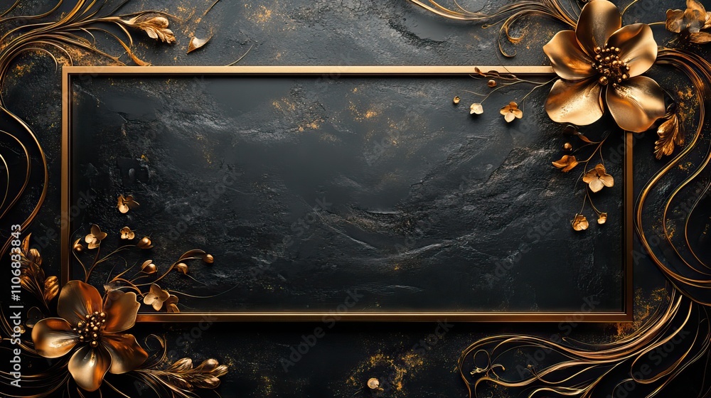 Poster a large gold rectangular frame is placed on the right side of an empty black background, with elegan