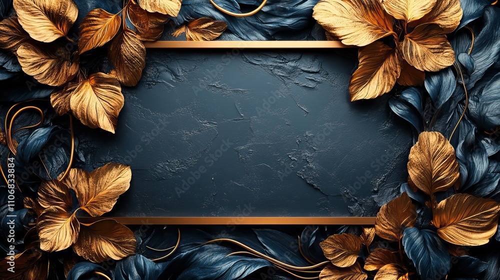 Poster a large gold rectangular frame is placed on the right side of an empty black background, with elegan