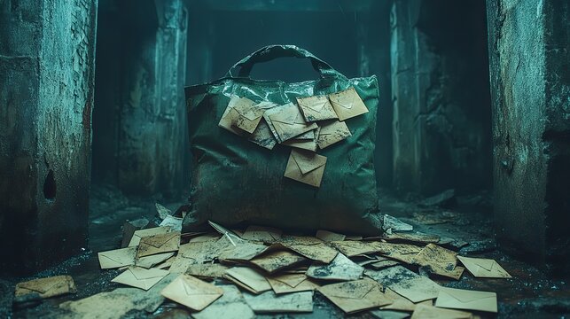 A large green mail bag spills envelopes, presenting a chaotic yet organized display