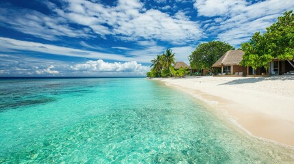 Fototapeta premium Tropical luxury holiday scene with white-sand beaches, turquoise water, and private villas