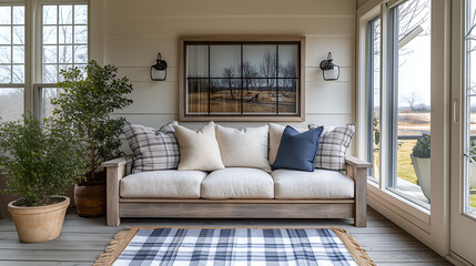  A minimalist modern farmhouse sofa placed on a cozy porch, with eye-catching modern art displayed...