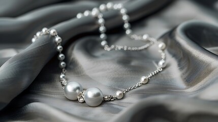 Platinum necklace with pearl pendants on satin cloth