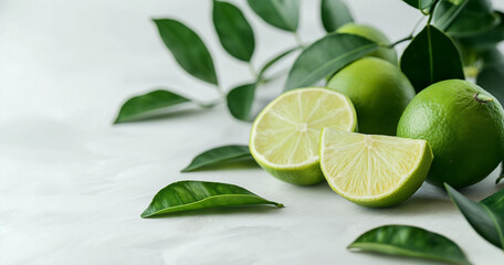 Fresh Limes with Green Leaves, Citrus Fruit, Zesty, Juicy, Aromatic