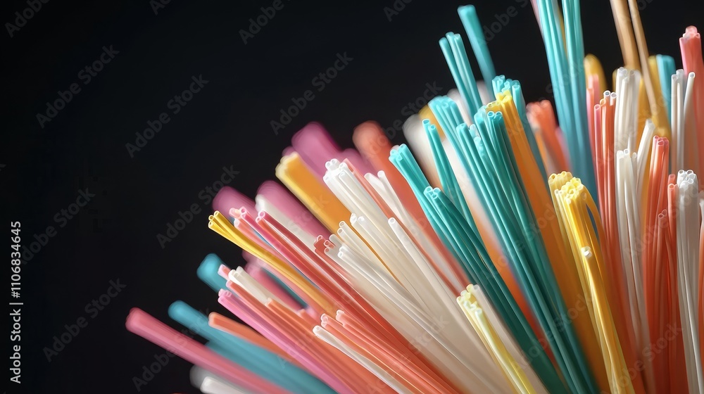 Poster illuminated fiber optic lines abstract art colorful display dark background close-up view technologi