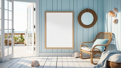 An empty poster frame mockup in a breezy beach house interior