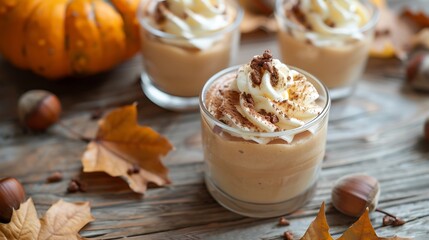Pumpkin mousse a holiday dessert made from scratch with whipped cream with chestnuts and autumn leaves as the background