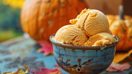 Pumpkin pie ice cream in a bowl on an autumn themed backdrop