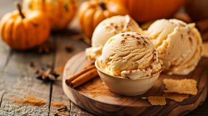 Fototapeta premium Pumpkin spice ice cream with cinnamon sticks on a wooden board surrounded by pumpkins
