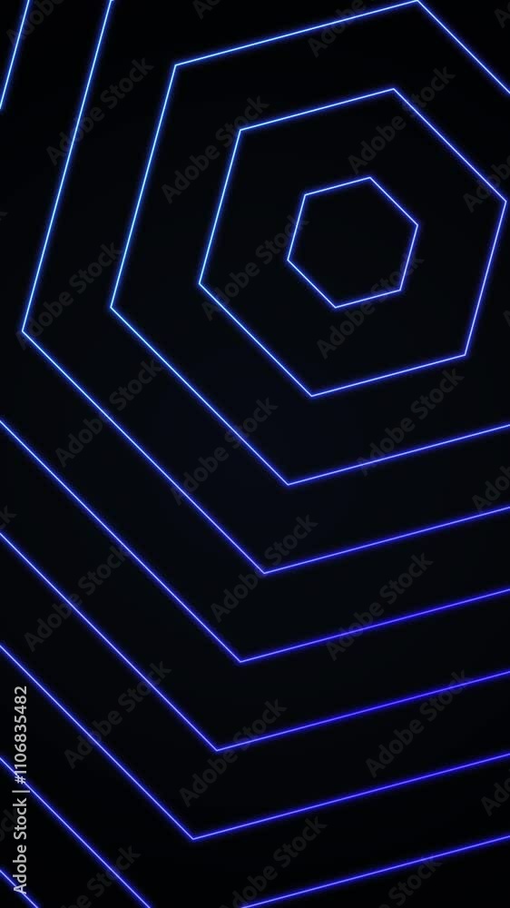 Poster loop purple blue neon hexagon geometric on black background, glow light streak line art grid wave an