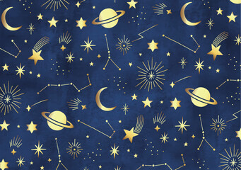 宇宙と星の金の手描き模様（Not seamless） © まるまる