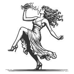 Obraz premium Drunk pin-up girl dancing joyfully with bottle, classic retro illustration style sketch engraving generative ai fictional character vector illustration. Scratch board imitation. Black and white image