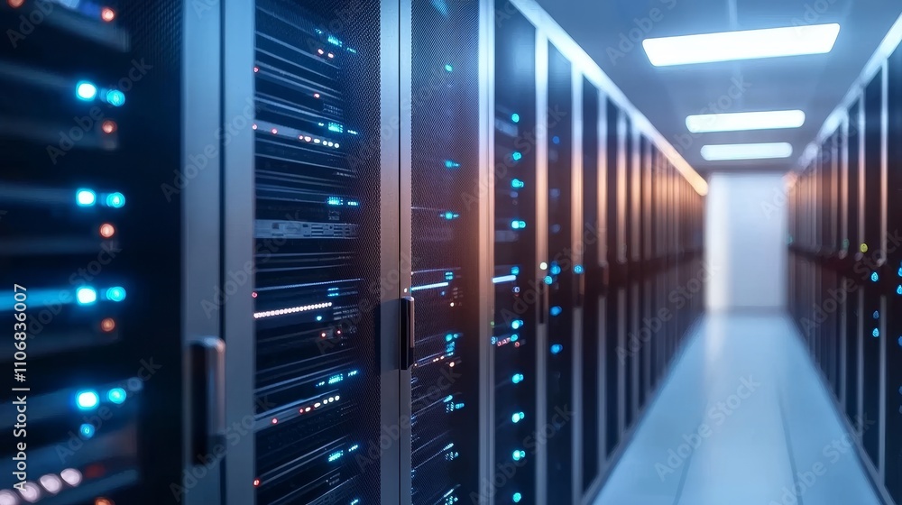 Poster data center operations bright fiber optic strands weaving through servers modern technology high-tec