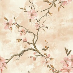 Cherry Blossoms on Warm Beige with Vintage Charm
