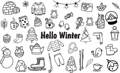 hello winter line art doodle vector illustration