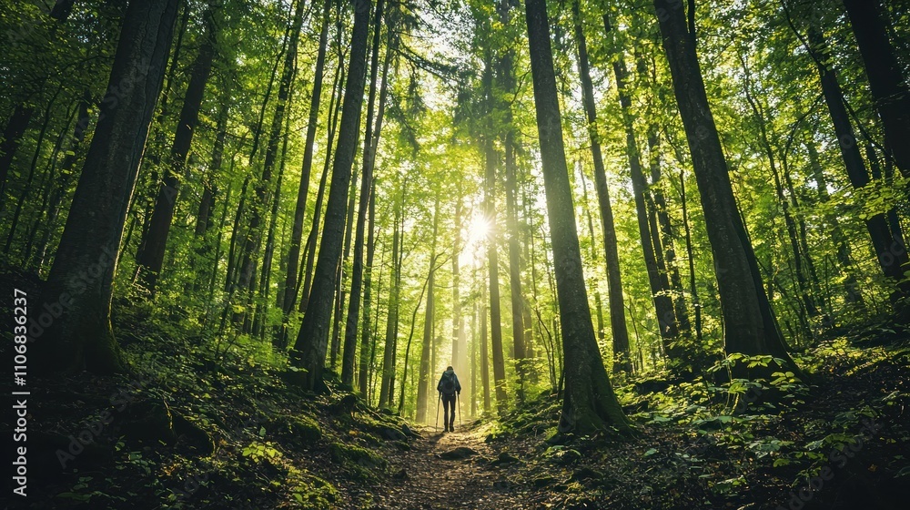Poster a serene scene of a hiker walking through a dense forest, surrounded by towering trees and sunlight 