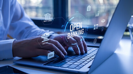 Close-Up of Hands Typing with Holographic 'Open Banking' Icons Depicting Digital Finance. financial technology, fintech, bank building icons