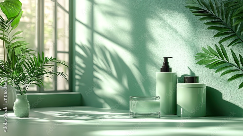 Poster A light green background with palm leaf shadows creating a simple product display