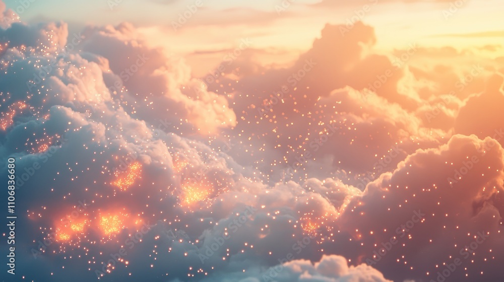 Poster a soft, dreamy background featuring fluffy clouds and glowing lights, creating a serene and magical 