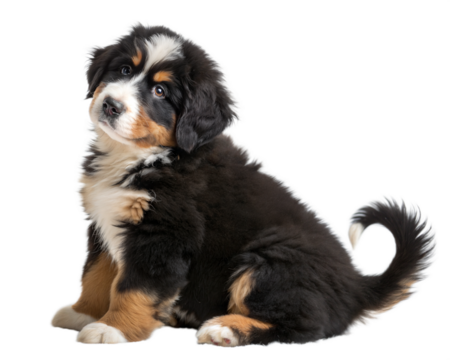 Bernese mountain shepherd puppy sitting and looking at camera isolated on white background.