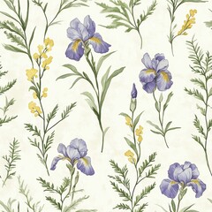 Watercolor Irises and Ferns on Ivory with Gold