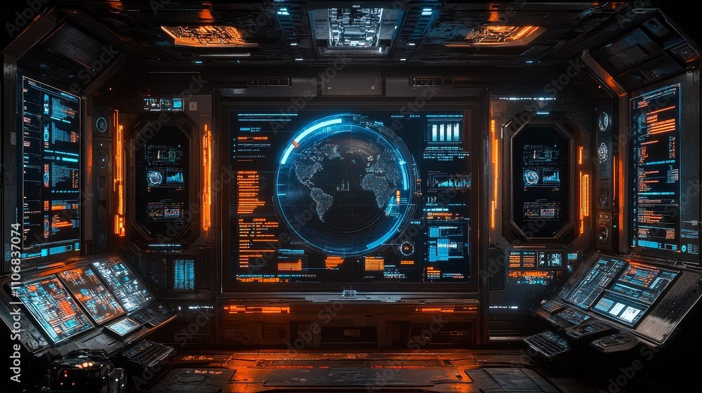Aufkleber futuristic spaceship cockpit with holographic display and numerous digital interfaces