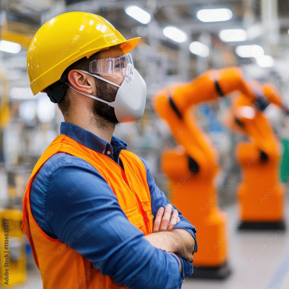 Poster a worker in safety gear observes robotic automation in a modern factory setting, emphasizing advance