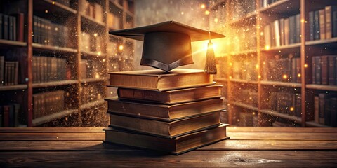 Obraz premium Black Graduation Cap on Old Books in a Cozy Library Setting - Symbol of Knowledge and Achievement