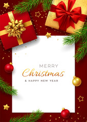 Christmas background with square paper banner, realistic red gift boxes with red and golden bows, pine branches, gold stars and glitter confetti, balls bauble. Xmas background, greeting cards. Vector.