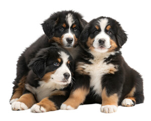 Three Bernese mountain shepherd puppies sitting and looking at camera isolated on white background.