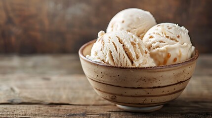 Salted caramel ice cream in a porcelain bowl on wooden table